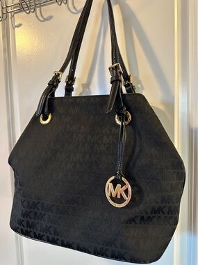 Michael Kors Black Signature Shoulder Bag with Gold Hardware